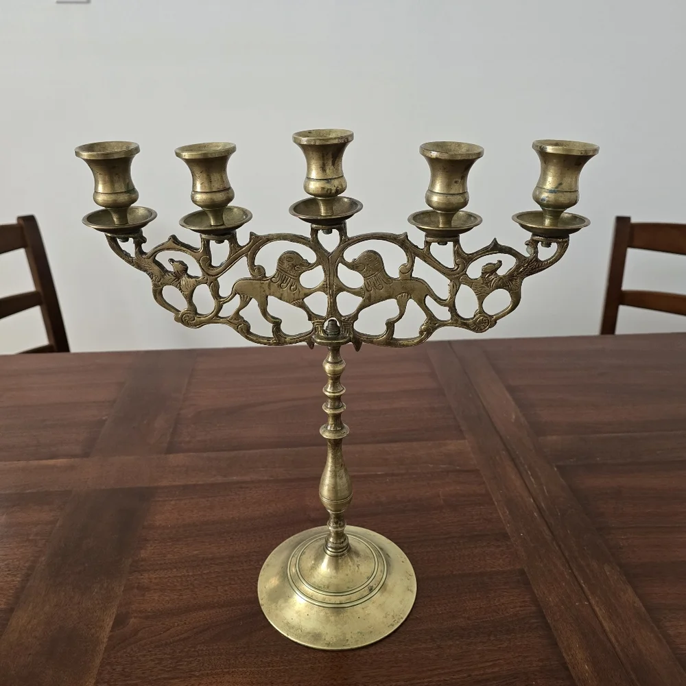 Antique Brass Five Branch Candelabra‎ ''Lions of Judah'' Judaic Candle Holder